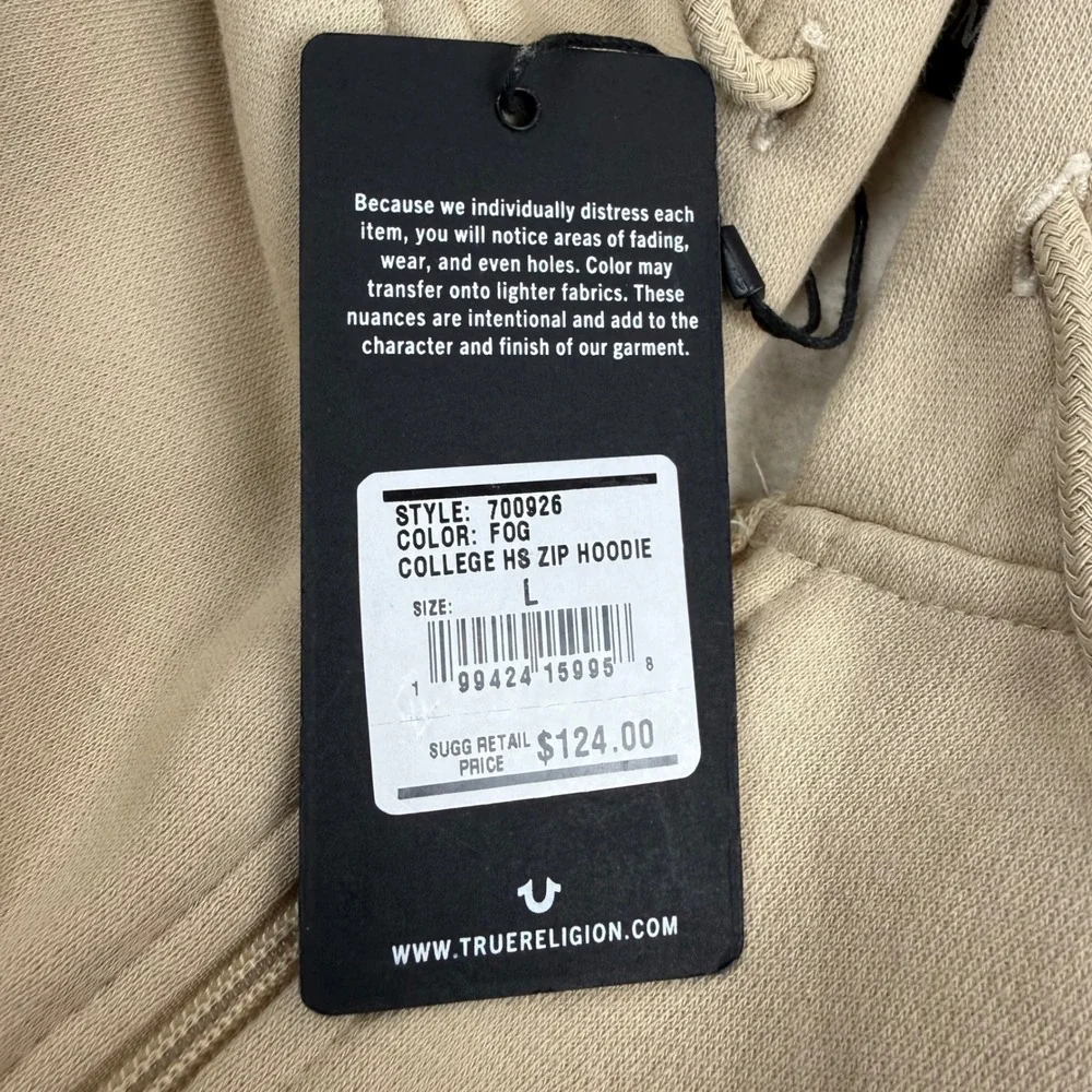 True Religion Mens College HS Zip Hoodie Fog Beige Graphic Sweatshirt Large 44